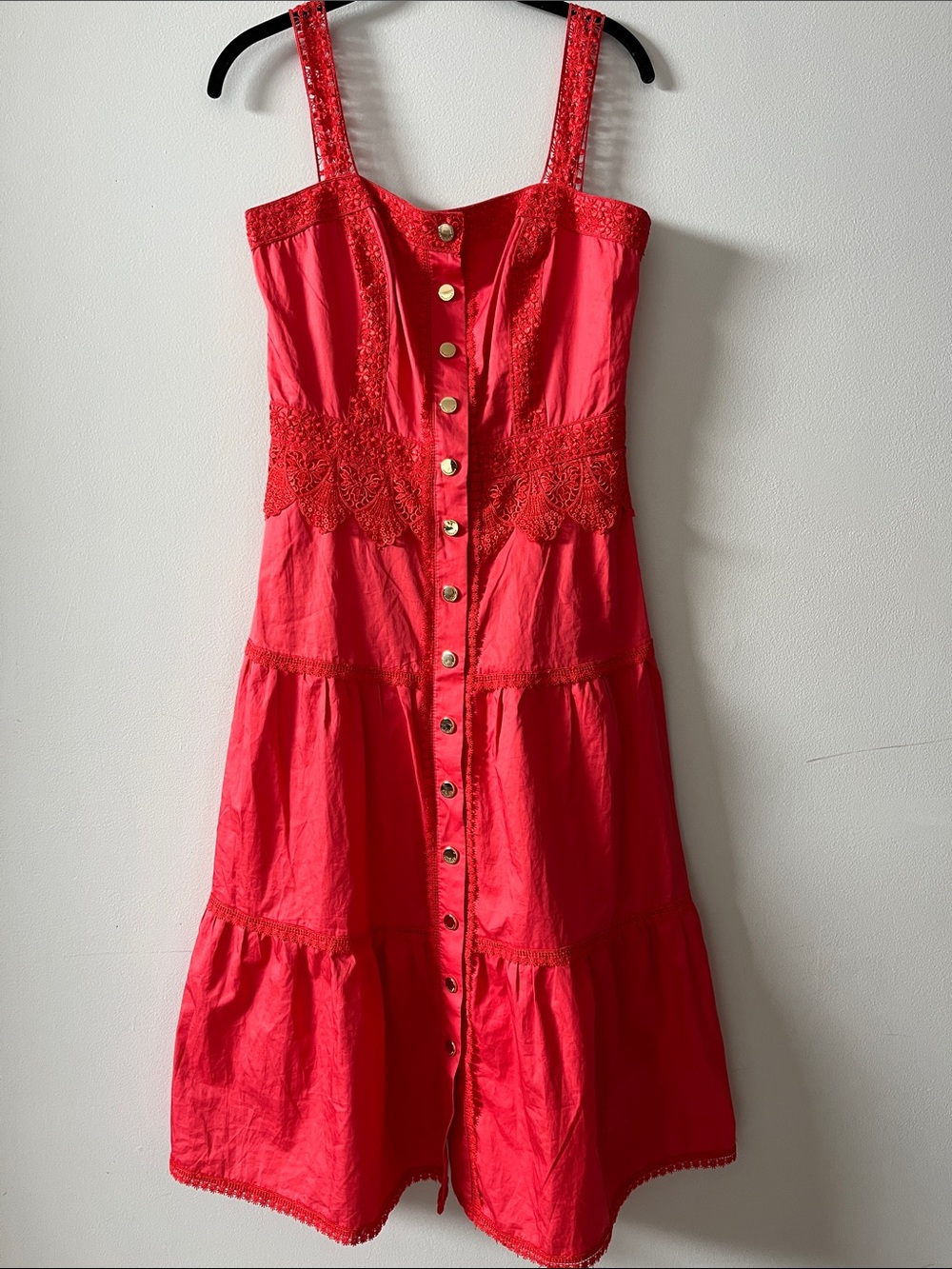 Lasagrada size 40 100% cotton bright coral colorful midi dress lace floral gold